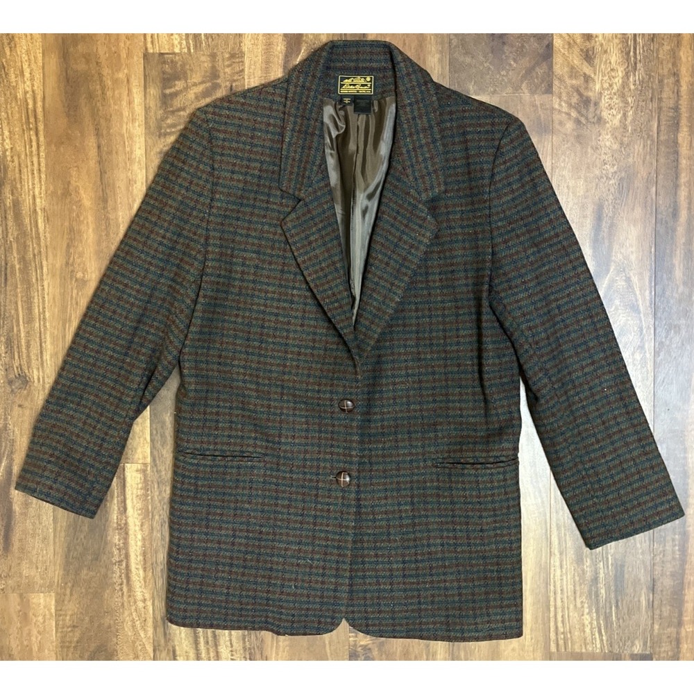 Vintage Eddie Bauer Women's Wool Plaid Blazer Jacket Size M Brown Tweed
